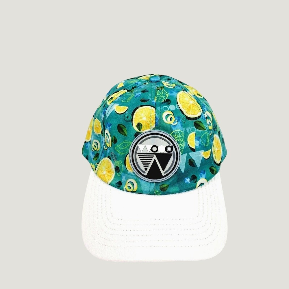 Wood Brand PR Lemon Print Baseball Cap‎ Teal White Citrus Graphic Hat Adjustable